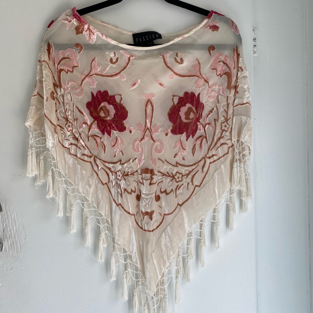 Vintage Silk Velvet Shawl Rayon Burnout Floral Beaded Fringed Cream Red Pink OS